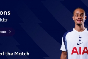 传射建功，官方：哈维·西蒙斯当选热刺2-0布伦特福德全场最佳