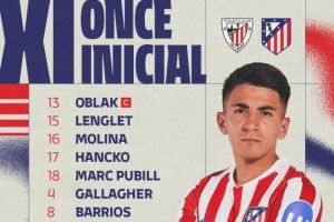 马竞客战毕巴首发：阿尔瓦雷斯、加拉格尔出战