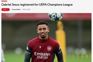 官方：热苏斯已经注册，顶替受伤的小将道曼代表阿森纳参加欧冠